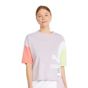 Puma Graphic Boxy Crop Cotton T Shirt Purple White Green Large